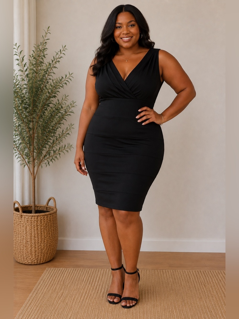 Fashion Bug Black Midi Dress with V-Neck 22W